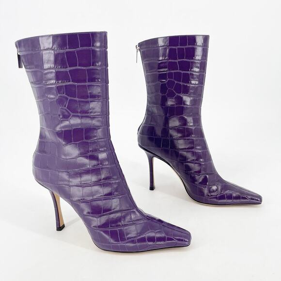 Jimmy Choo Purple Agathe Croc Embossed 100mm Mid-Calf Pointed Toe Boot IT 38 - Picture 2 of 13